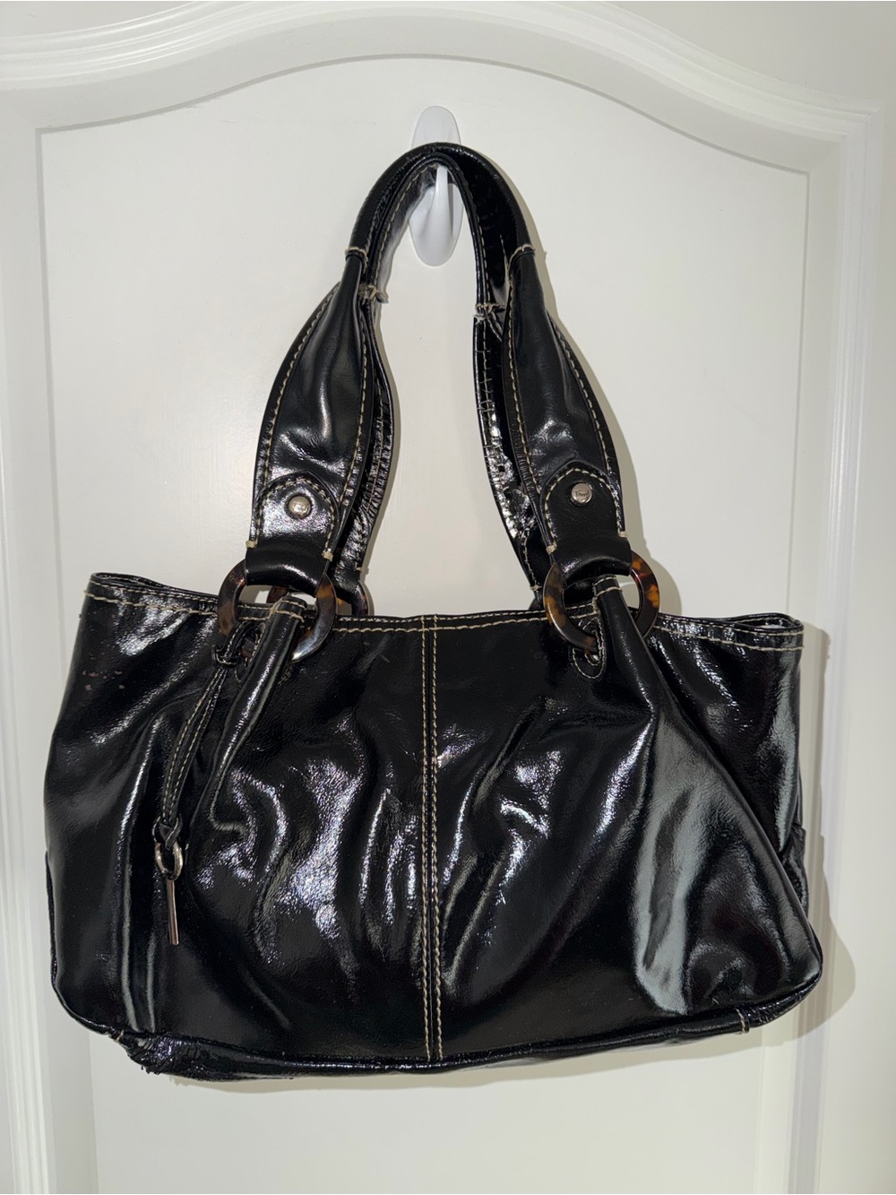 Fossil Black Patent Leather Tote Shoulder Bag Tortoise Handles Key Charm Vintage